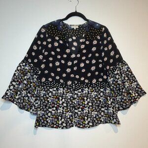 Suno New York 100% Silk Mixed Print Blouse Floral Polka Dot Flutter Sleeve Sz 0